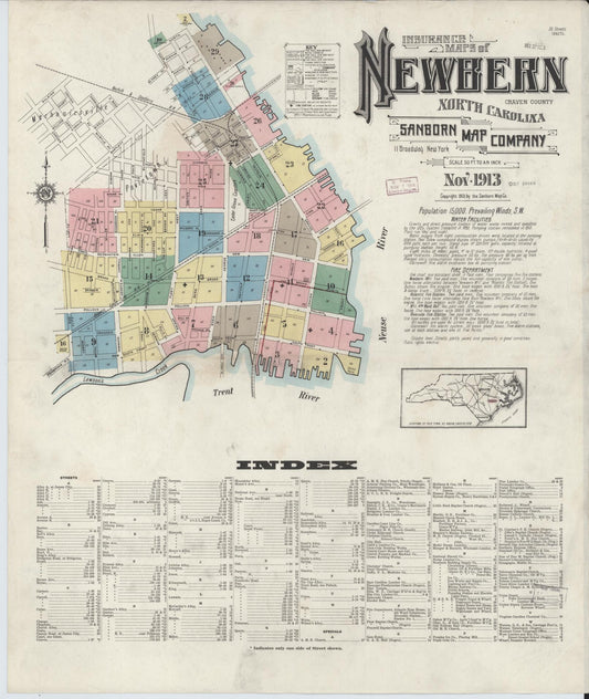 Sanborn Fire Insurance Map from New Bern, Craven County, North Carolina (1913), Sheet #0001 - Historic Sanborn Fire Insurance Map Print, vintage old map wall art, antique decor, genealogy gift, North Carolina North Carolina map
