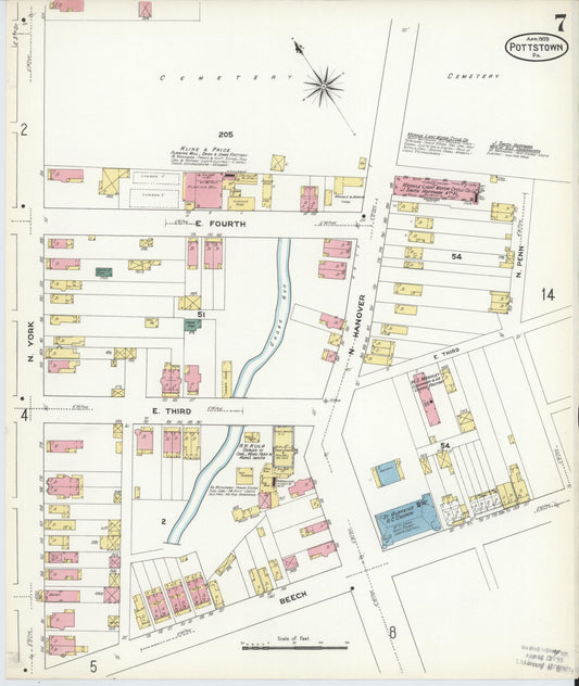 Sanborn Fire Insurance Map from Pottstown, Montgomery County, Pennsylvania (1909), Sheet #0007 - Historic Sanborn Fire Insurance Map Print, vintage old map wall art, antique decor, genealogy gift, Pennsylvania Pennsylvania map