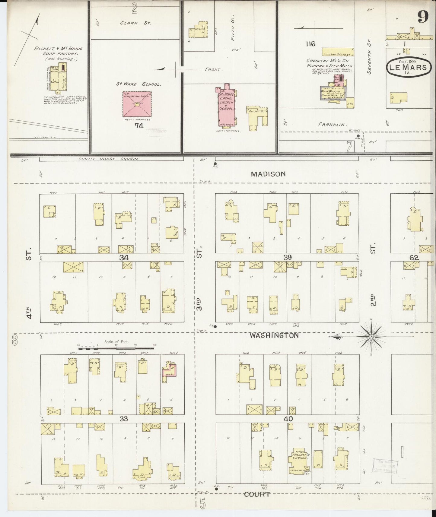 Sanborn Fire Insurance Map from Le Mars, Plymouth County, Iowa (1893), Sheet #0009 - Historic Sanborn Fire Insurance Map Print, vintage old map wall art