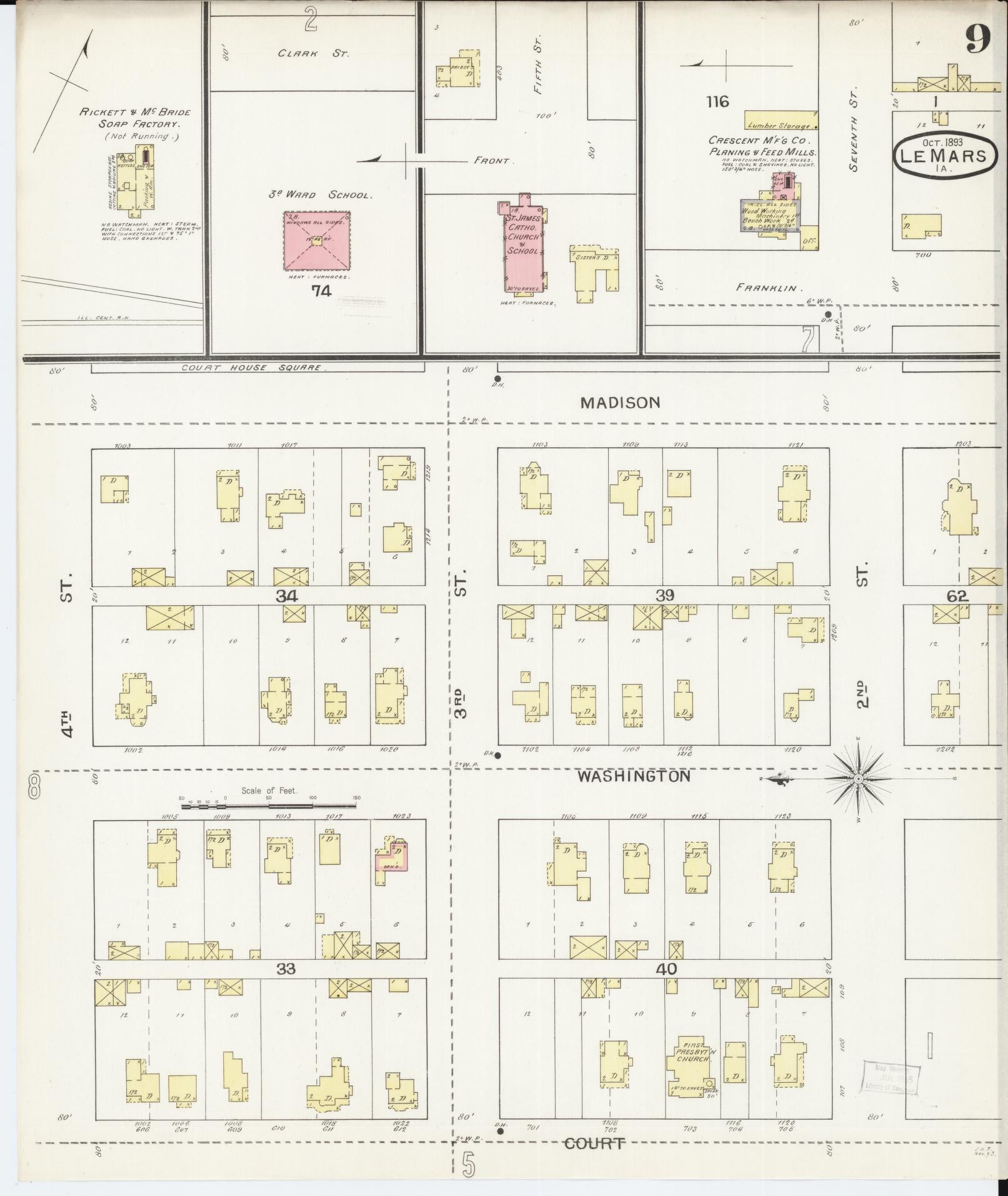 Sanborn Fire Insurance Map from Le Mars, Plymouth County, Iowa (1893), Sheet #0009 - Historic Sanborn Fire Insurance Map Print, vintage old map wall art