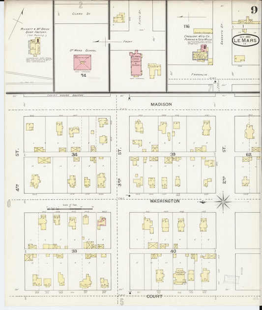 Sanborn Fire Insurance Map from Le Mars, Plymouth County, Iowa (1893), Sheet #0009 - Historic Sanborn Fire Insurance Map Print, vintage old map wall art