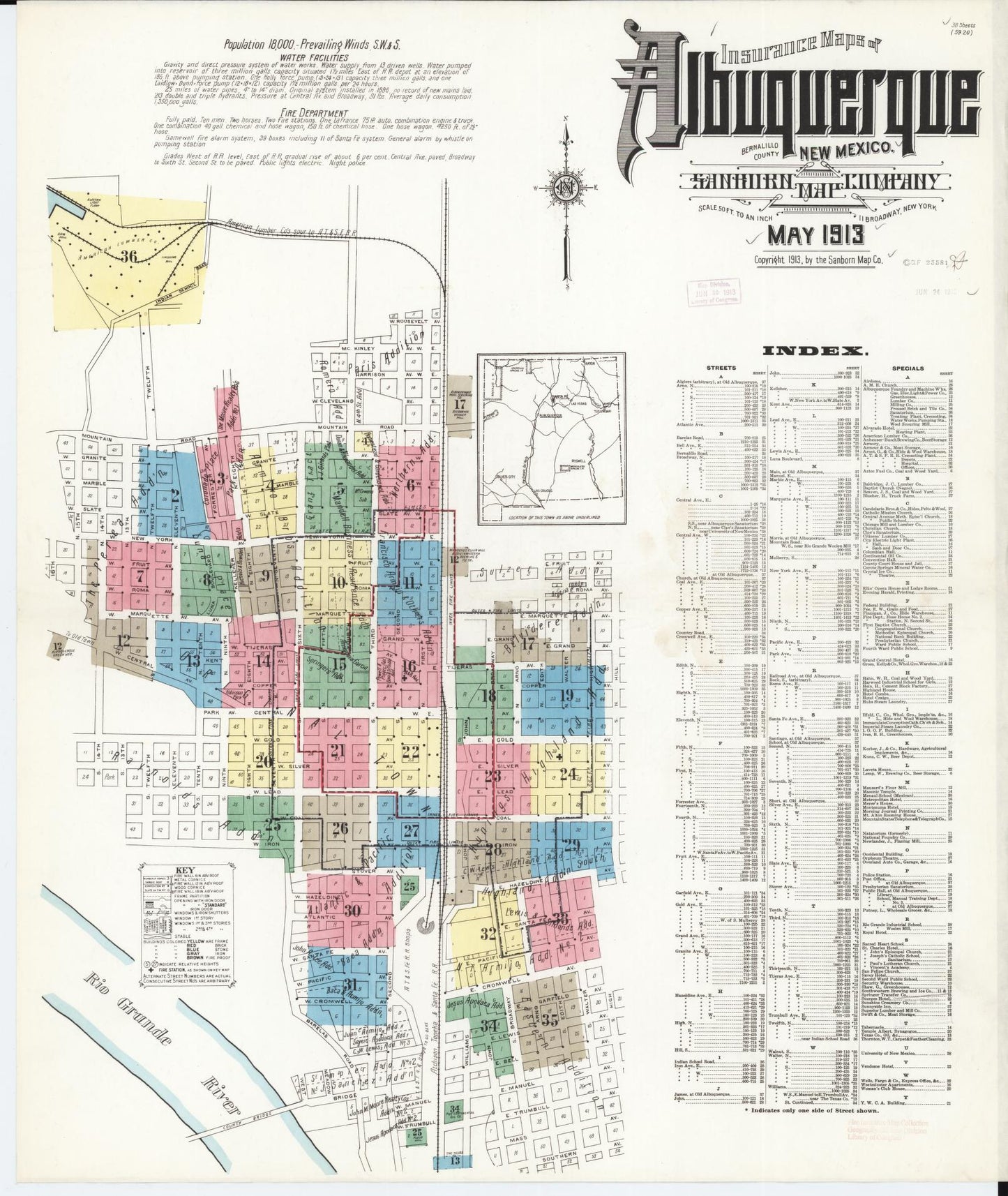 Sanborn Fire Insurance Map from Albuquerque, Bernalillo County, New Mexico (1913), Sheet #0001 - Historic Sanborn Fire Insurance Map Print, vintage old map wall art, antique decor, genealogy gift, New Mexico New Mexico map