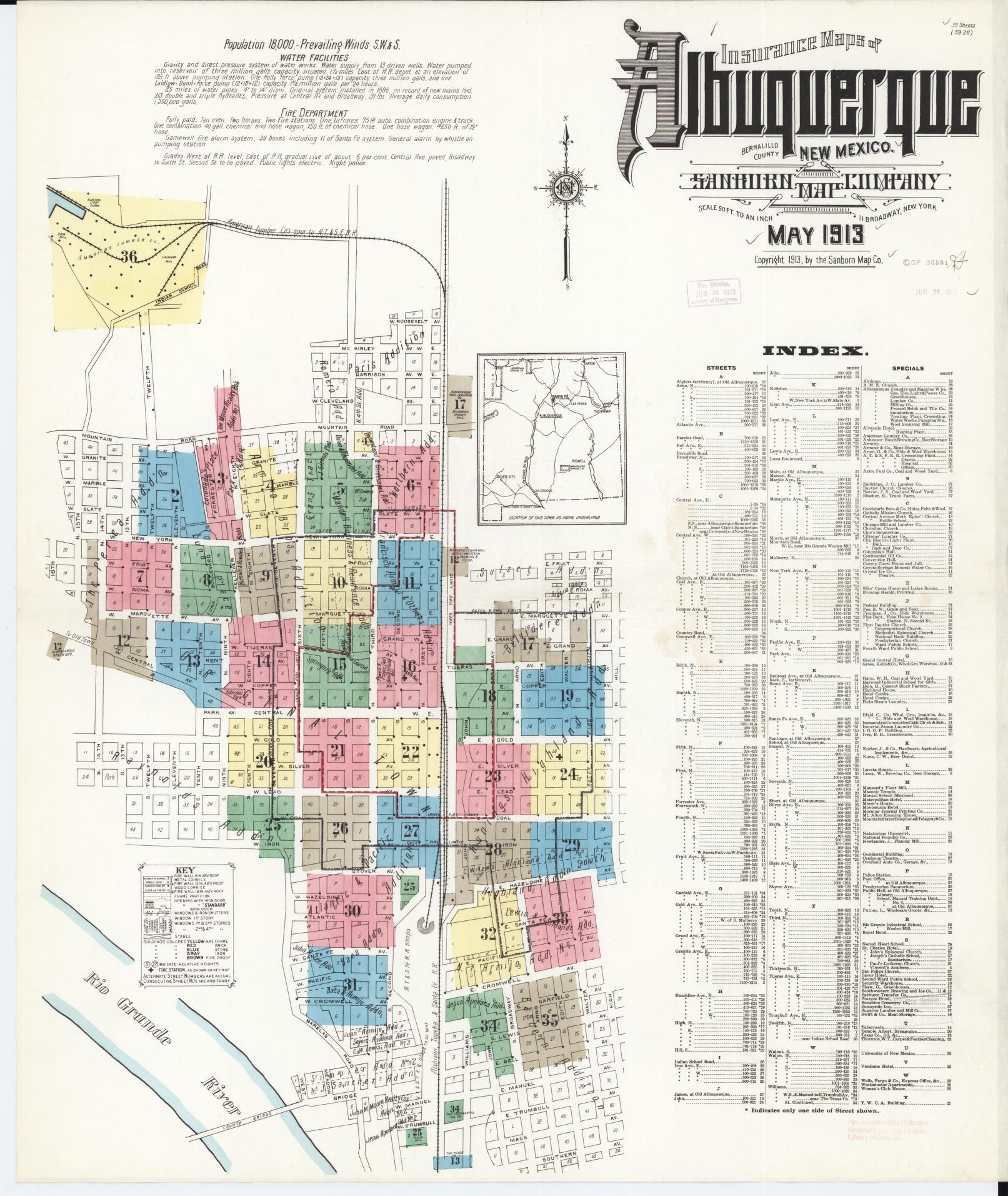 Sanborn Fire Insurance Map from Albuquerque, Bernalillo County, New Mexico (1913), Sheet #0001 - Historic Sanborn Fire Insurance Map Print, vintage old map wall art, antique decor, genealogy gift, New Mexico New Mexico map