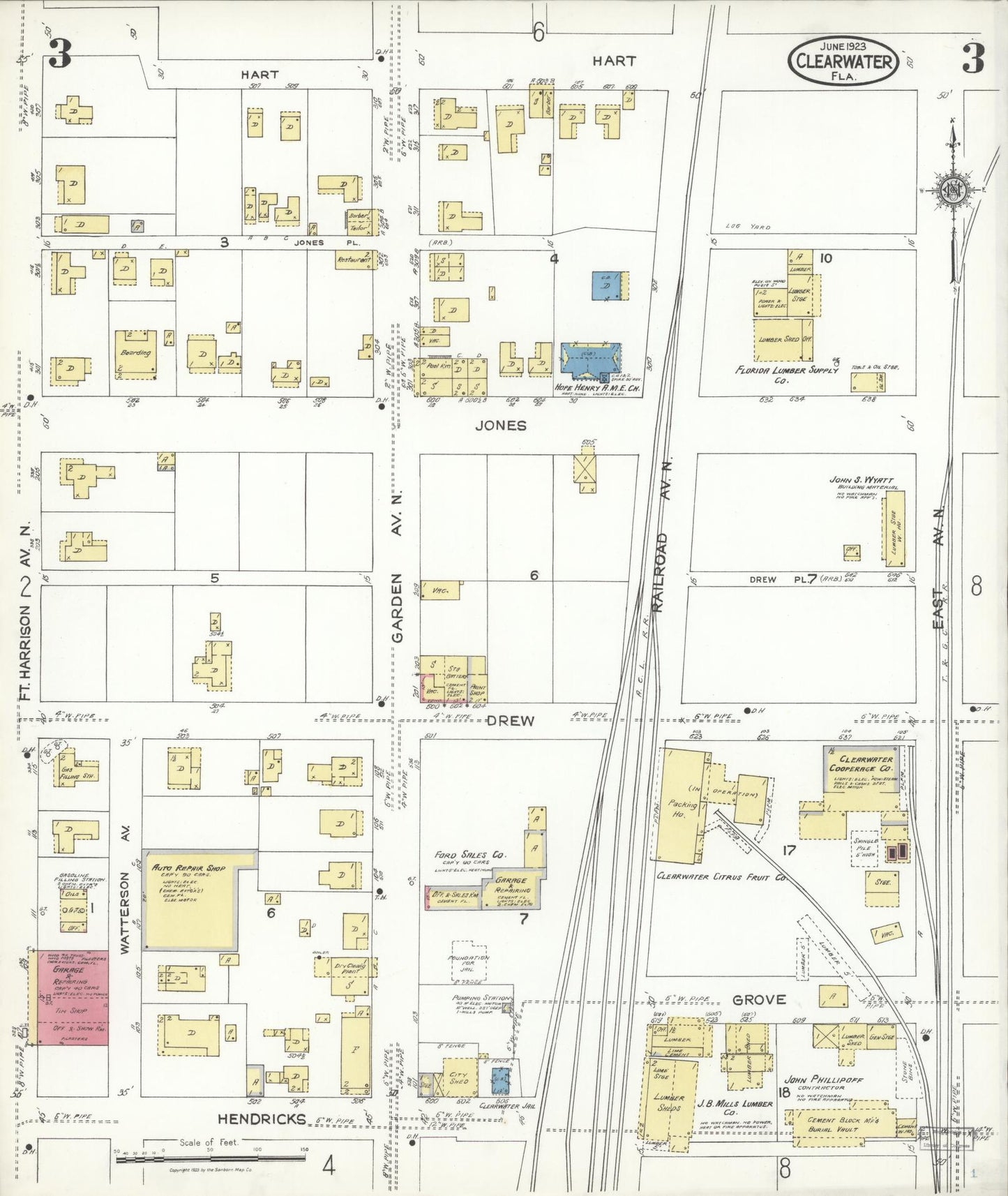 Sanborn Fire Insurance Map from Clearwater, Pinellas County, Florida (1923), Sheet #0003 - Complete Map Set gallery image, historic Sanborn map, vintage wall art, Florida Florida
