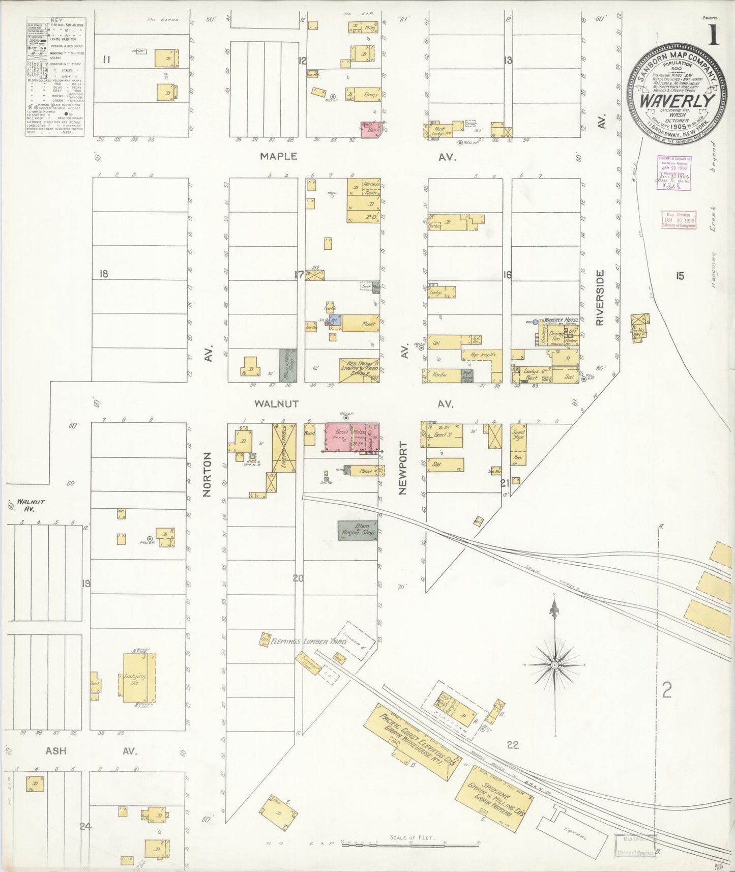 Sanborn Fire Insurance Map from Waverly, Spokane County, Washington (1905), Sheet #0001 - Historic Sanborn Fire Insurance Map Print, vintage old map wall art, antique decor, genealogy gift, Washington Washington map