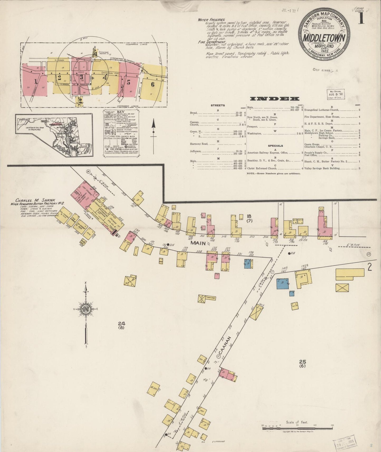Sanborn Fire Insurance Map from Middletown, Frederick County, Maryland (1922), Sheet #0001 - Historic Sanborn Fire Insurance Map Print, vintage old map wall art, antique decor, genealogy gift, Maryland Maryland map
