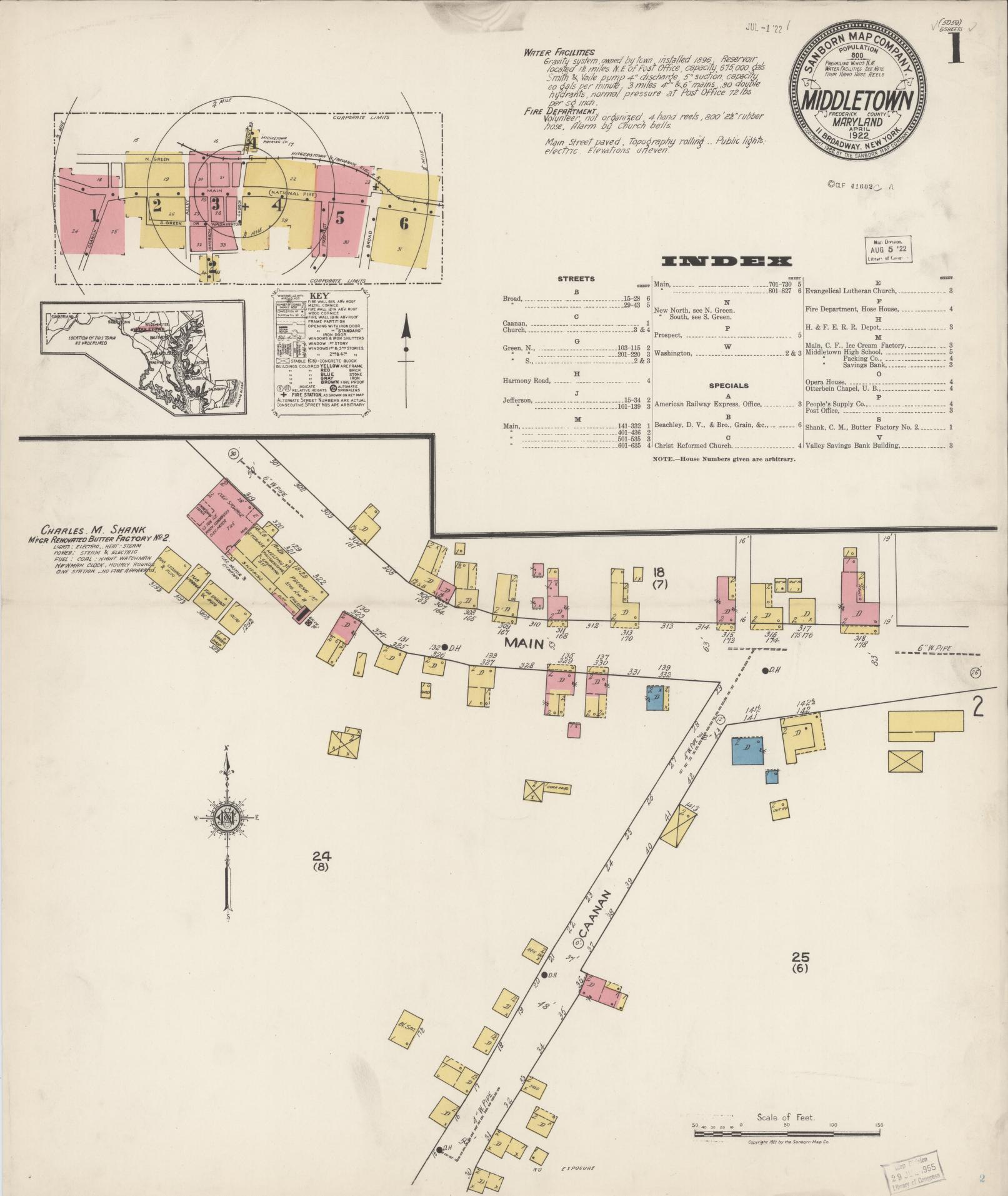 Sanborn Fire Insurance Map from Middletown, Frederick County, Maryland (1922), Sheet #0001 - Historic Sanborn Fire Insurance Map Print, vintage old map wall art, antique decor, genealogy gift, Maryland Maryland map