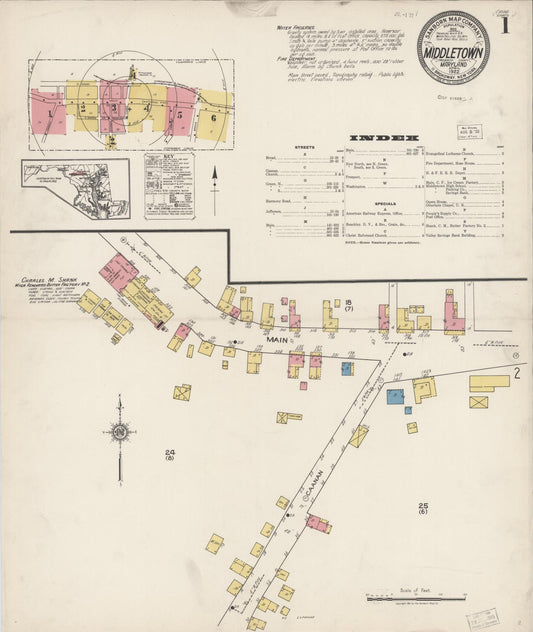Sanborn Fire Insurance Map from Middletown, Frederick County, Maryland (1922), Sheet #0001 - Historic Sanborn Fire Insurance Map Print, vintage old map wall art, antique decor, genealogy gift, Maryland Maryland map