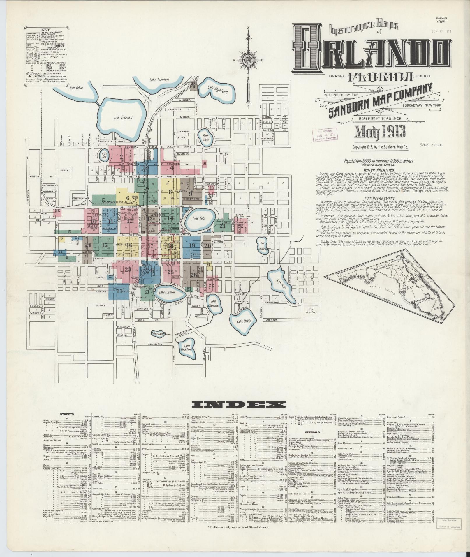 Sanborn Fire Insurance Map from Orlando, Orange County, Florida (1913), Sheet #0001 - Historic Sanborn Fire Insurance Map Print, vintage old map wall art, antique decor, genealogy gift, Florida Florida map