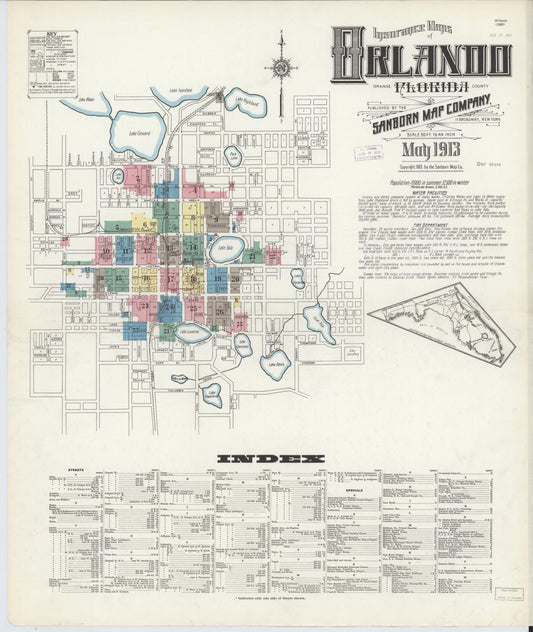 Sanborn Fire Insurance Map from Orlando, Orange County, Florida (1913), Sheet #0001 - Historic Sanborn Fire Insurance Map Print, vintage old map wall art, antique decor, genealogy gift, Florida Florida map