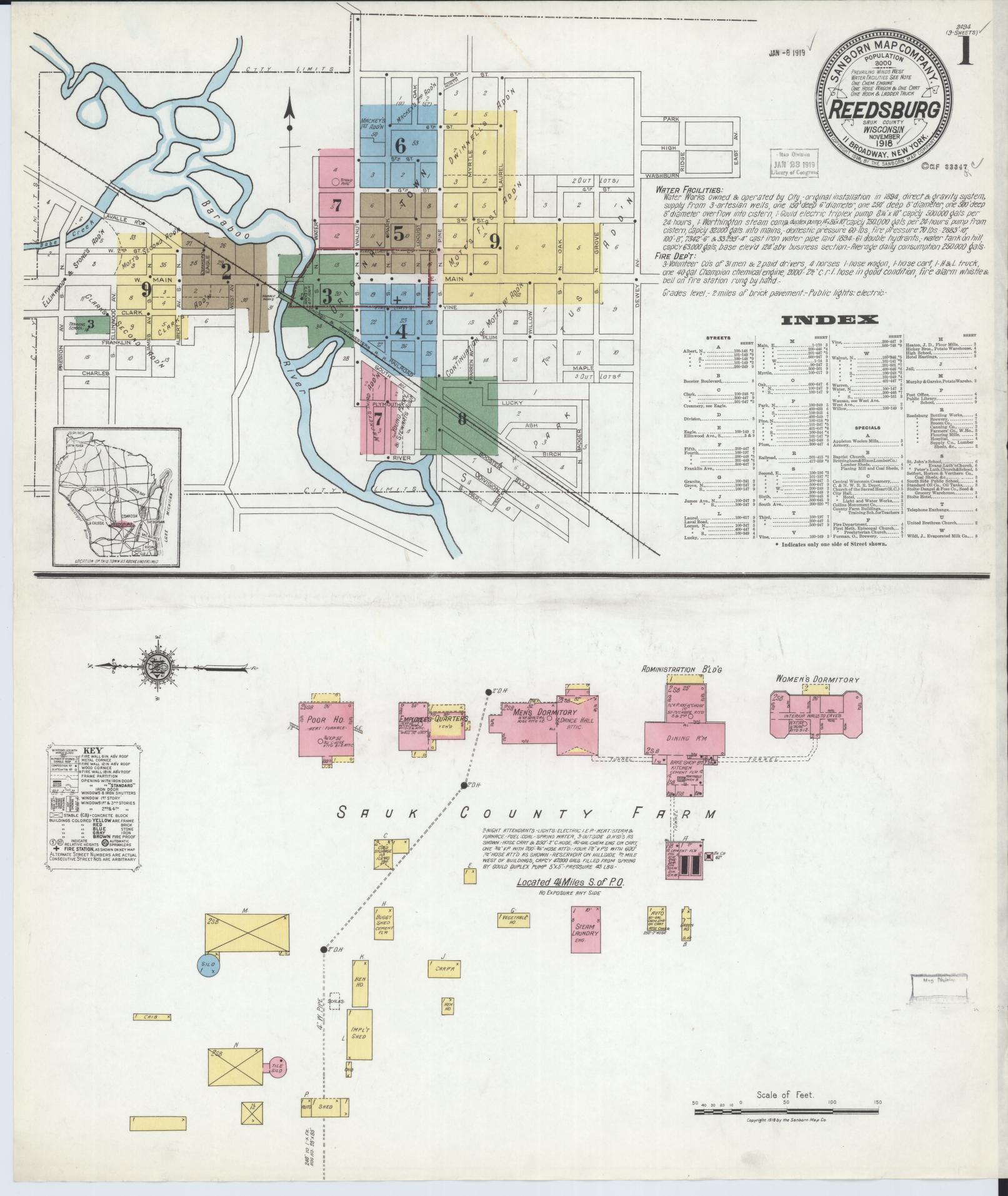 Sanborn Fire Insurance Map from Reedsburg, Sauk County, Wisconsin (1918), Sheet #0001 - Complete Map Set gallery image, historic Sanborn map, vintage wall art, Wisconsin Wisconsin