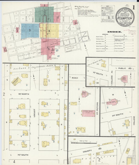 Sanborn Fire Insurance Map from Assumption, Christian County, Illinois (1909), Sheet #0001 - Historic Sanborn Fire Insurance Map Print, vintage old map wall art, antique decor, genealogy gift, Illinois Illinois map