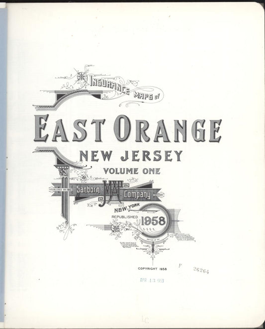 Sanborn Fire Insurance Map from East Orange, Essex County, New Jersey (1958), Sheet #0001 - Historic Sanborn Fire Insurance Map Print, vintage old map wall art, antique decor, genealogy gift, New Jersey New Jersey map