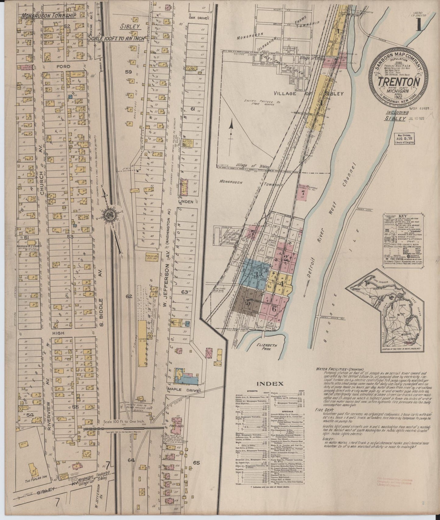 Sanborn Fire Insurance Map from Trenton, Wayne County, Michigan (1922), Sheet #0001 - Historic Sanborn Fire Insurance Map Print, vintage old map wall art, antique decor, genealogy gift, Michigan Michigan map