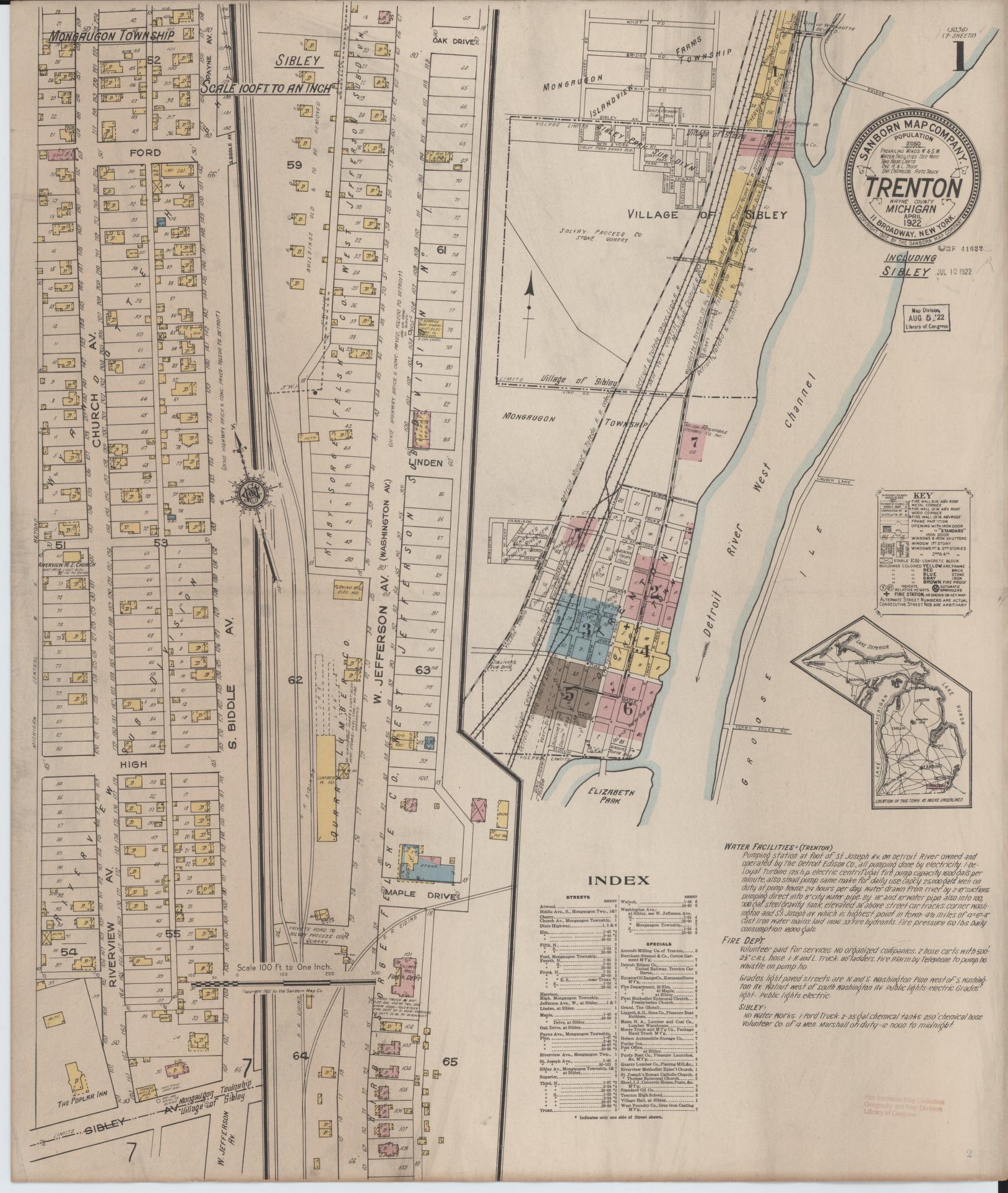 Sanborn Fire Insurance Map from Trenton, Wayne County, Michigan (1922), Sheet #0001 - Historic Sanborn Fire Insurance Map Print, vintage old map wall art, antique decor, genealogy gift, Michigan Michigan map
