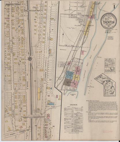 Sanborn Fire Insurance Map from Trenton, Wayne County, Michigan (1922), Sheet #0001 - Historic Sanborn Fire Insurance Map Print, vintage old map wall art, antique decor, genealogy gift, Michigan Michigan map