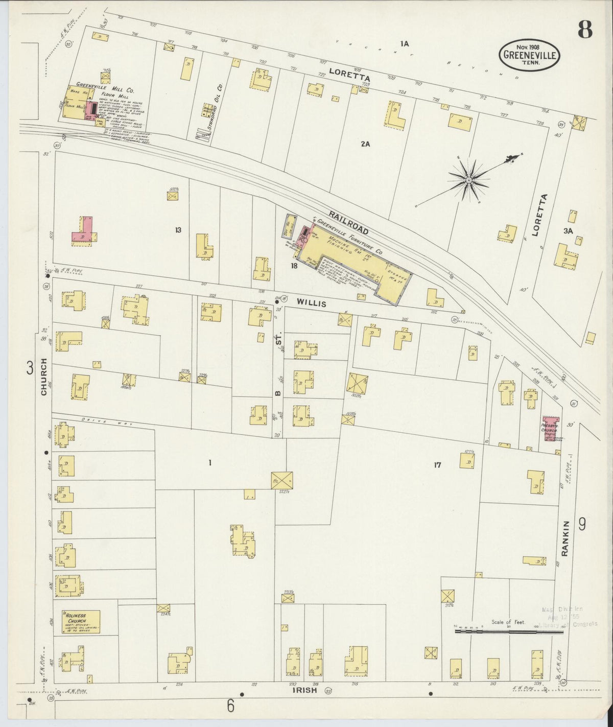 Sanborn Fire Insurance Map from Greeneville, Greene County, Tennessee (1908), Sheet #0008 - Complete Map Set gallery image, historic Sanborn map, vintage wall art, Tennessee Tennessee