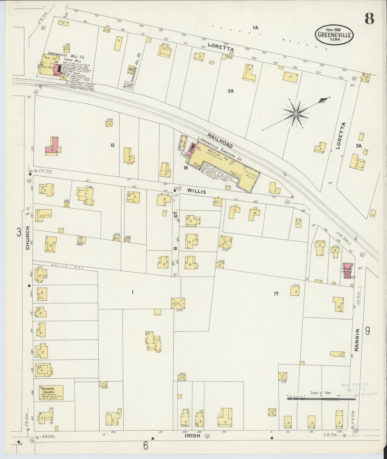 Sanborn Fire Insurance Map from Greeneville, Greene County, Tennessee (1908), Sheet #0008 - Complete Map Set gallery image, historic Sanborn map, vintage wall art, Tennessee Tennessee