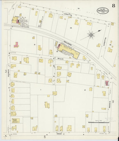 Sanborn Fire Insurance Map from Greeneville, Greene County, Tennessee (1908), Sheet #0008 - Complete Map Set gallery image, historic Sanborn map, vintage wall art, Tennessee Tennessee