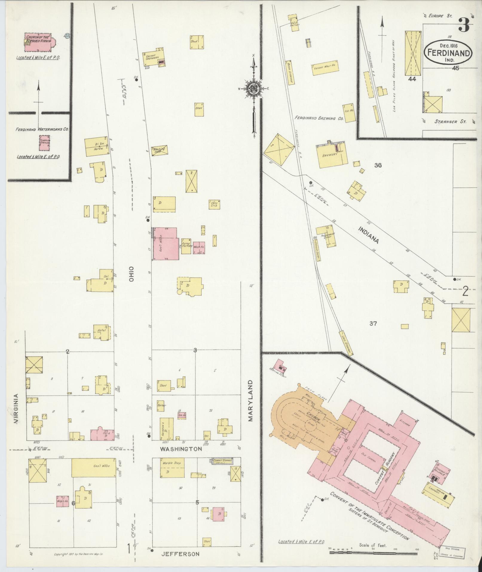 Sanborn Fire Insurance Map from Ferdinand, Dubois County, Indiana (1916), Sheet #0003 - Complete Map Set gallery image, historic Sanborn map, vintage wall art, Indiana Indiana
