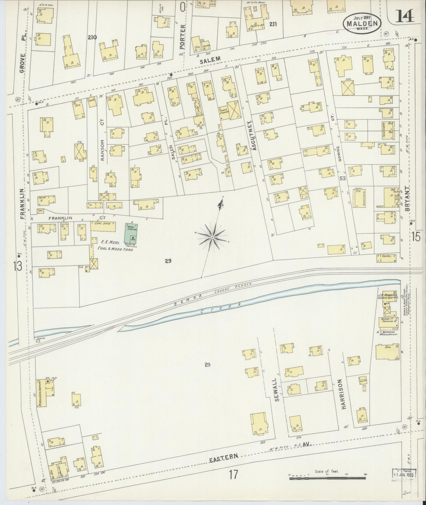 Sanborn Fire Insurance Map from Malden, Middlesex County, Massachusetts (1897), Sheet #0014 - Historic Sanborn Fire Insurance Map Print, vintage old map wall art, antique decor, genealogy gift, Massachusetts Massachusetts map