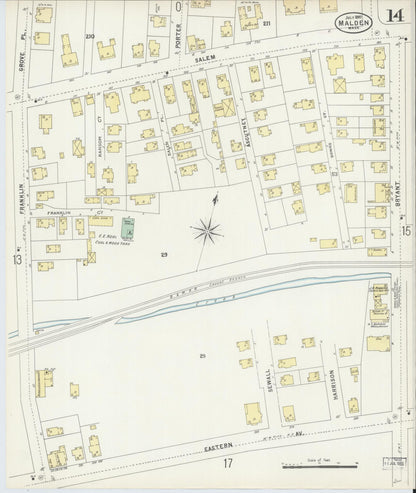 Sanborn Fire Insurance Map from Malden, Middlesex County, Massachusetts (1897), Sheet #0014 - Historic Sanborn Fire Insurance Map Print, vintage old map wall art, antique decor, genealogy gift, Massachusetts Massachusetts map