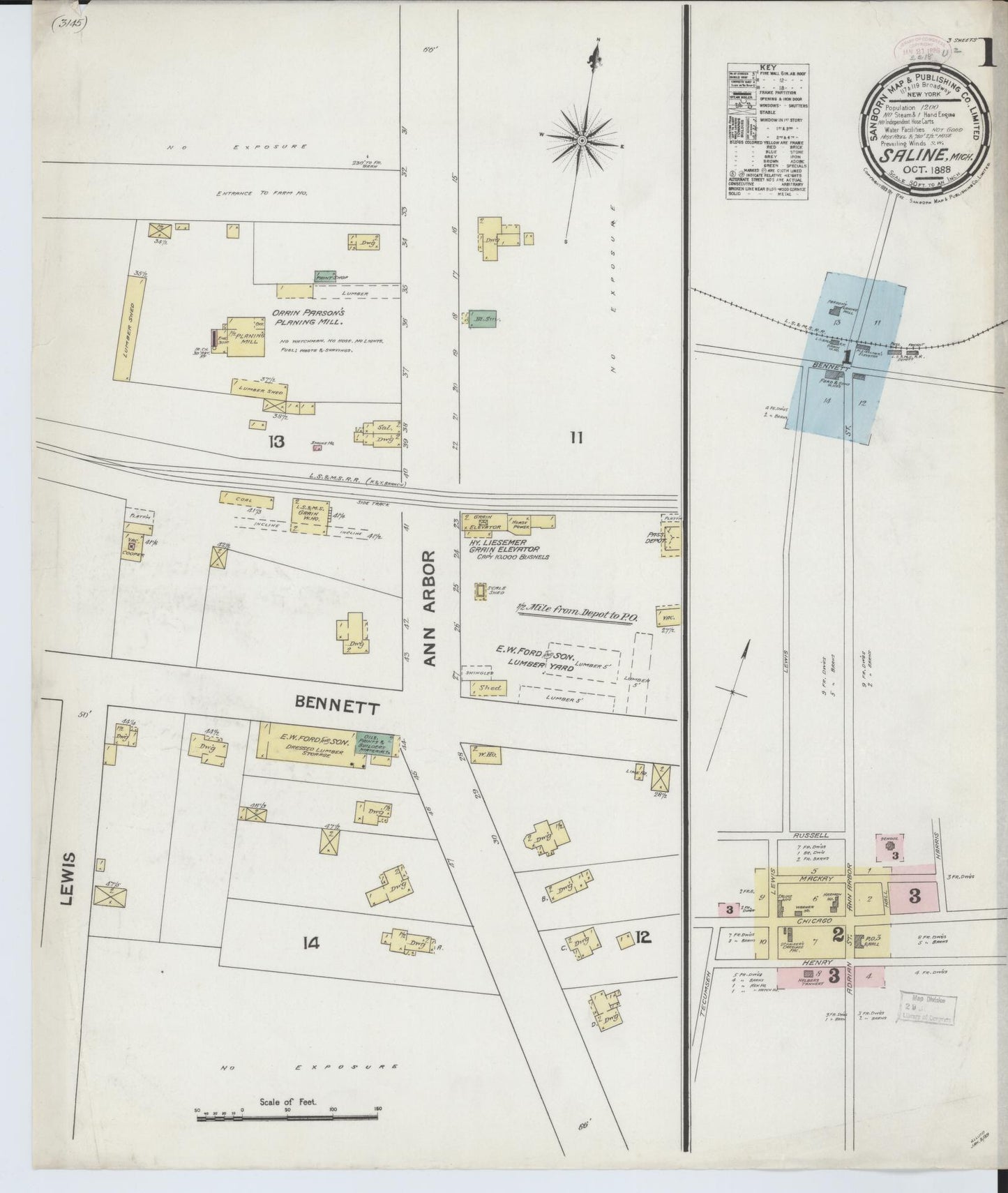 Sanborn Fire Insurance Map from Saline, Washtenaw County, Michigan (1888), Sheet #0001 - Complete Map Set gallery image, historic Sanborn map, vintage wall art, Michigan Michigan