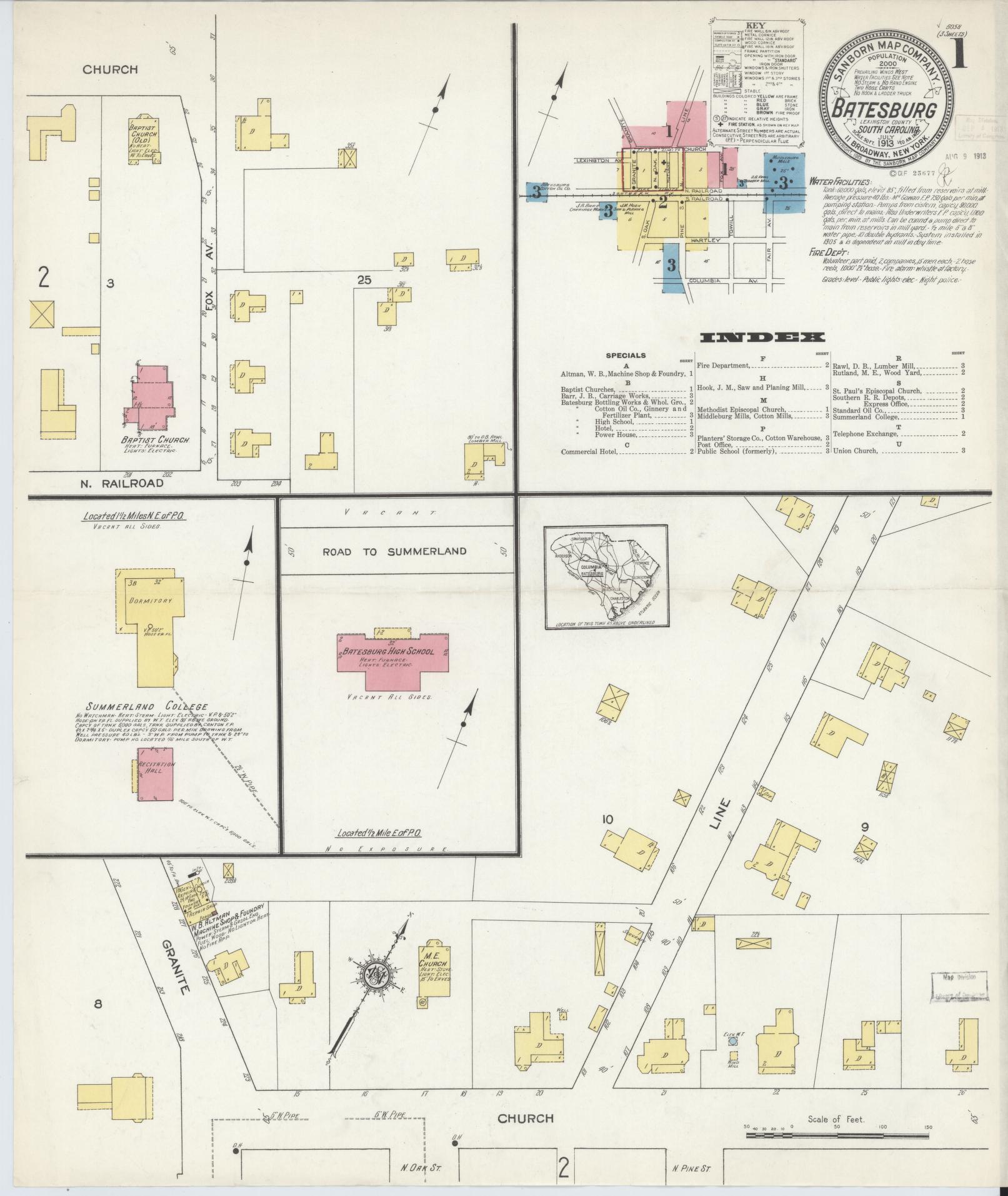 Sanborn Fire Insurance Map from Batesburg, Lexington And Saluda Counties, South Carolina (1913), Sheet #0001 - Complete Map Set gallery image, historic Sanborn map, vintage wall art, South Carolina South Carolina