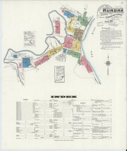 Sanborn Fire Insurance Map from Aurora, Dearborn County, Indiana (1917), Sheet #0001 - Historic Sanborn Fire Insurance Map Print, vintage old map wall art, antique decor, genealogy gift, Indiana Indiana map