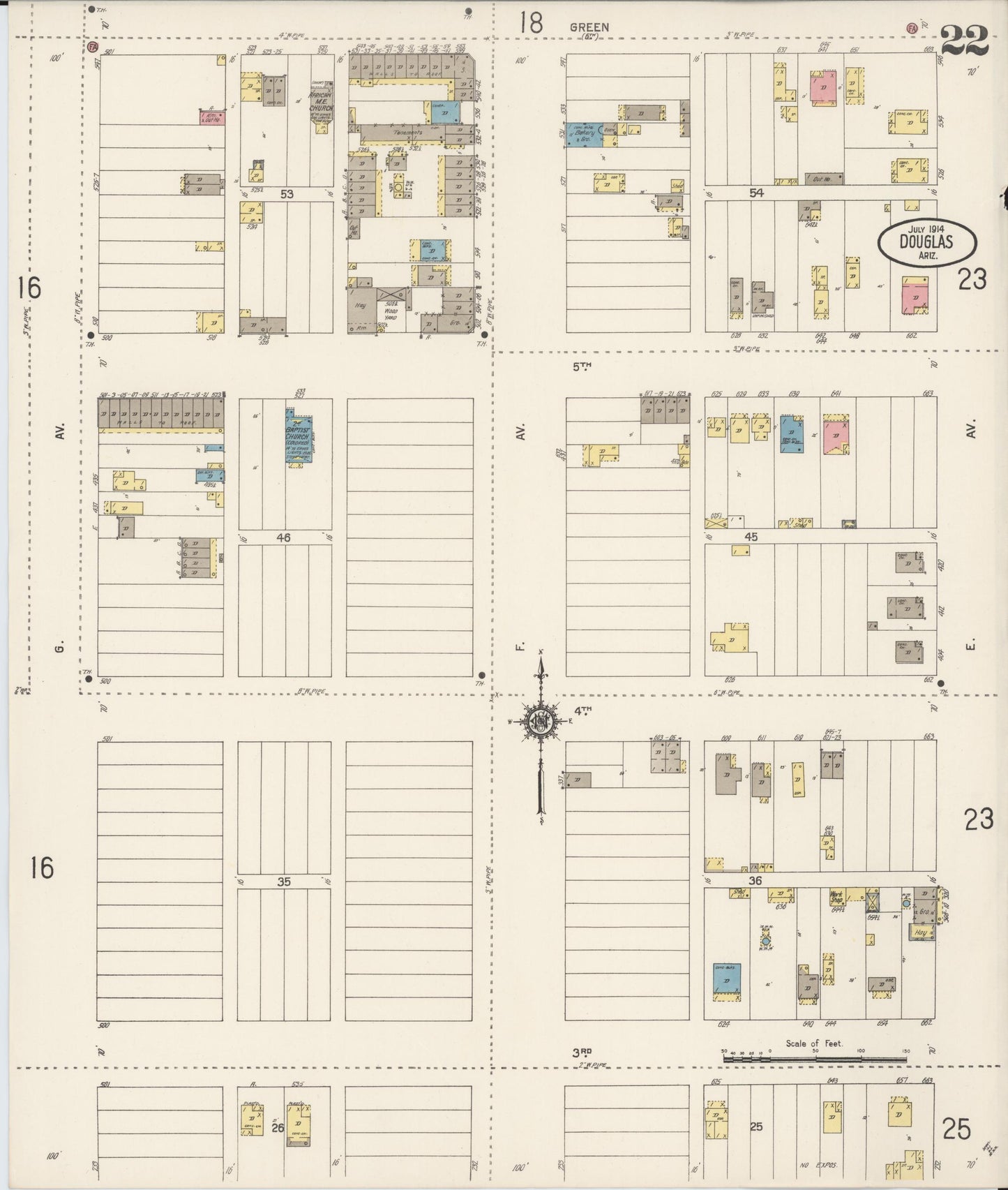 Sanborn Fire Insurance Map from Douglas, Cochise County, Arizona (1914), Sheet #0022 - Historic Sanborn Fire Insurance Map Print, vintage old map wall art, antique decor, genealogy gift, Arizona Arizona map