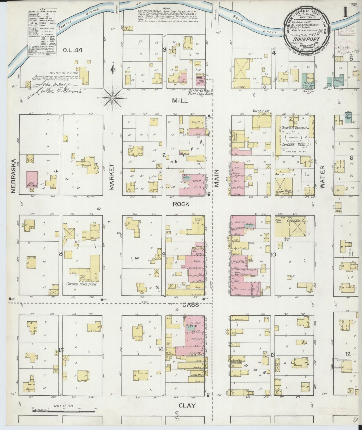 Sanborn Fire Insurance Map from Rockport, Atchison County, Missouri (1893), Sheet #0001 - Historic Sanborn Fire Insurance Map Print, vintage old map wall art, antique decor, genealogy gift, Missouri Missouri map