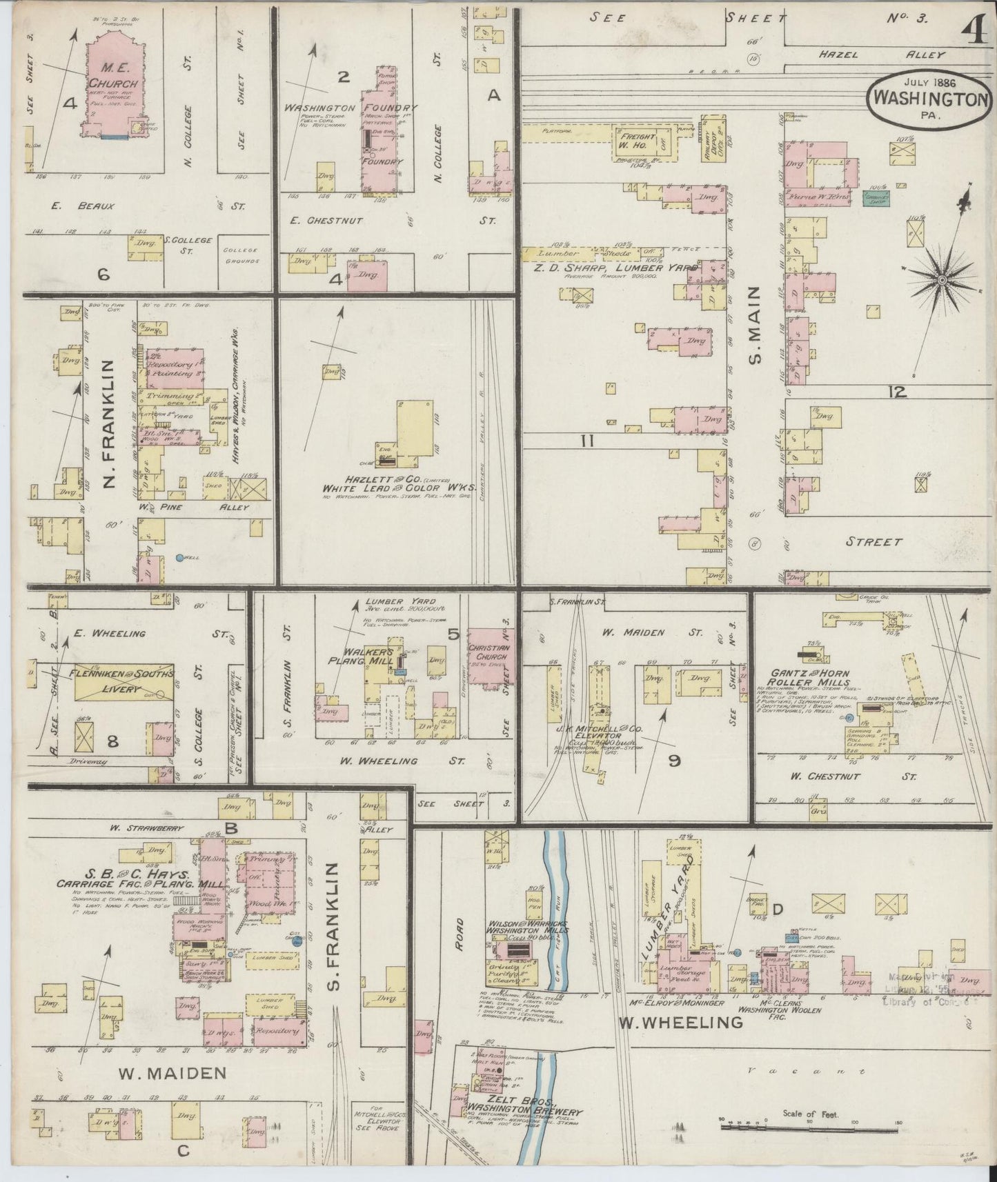 Sanborn Fire Insurance Map from Washington, Washington County, Pennsylvania (1886), Sheet #0004 - Historic Sanborn Fire Insurance Map Print, vintage old map wall art, antique decor, genealogy gift, Sanborn Fire Insurance Map from Washington Washington map