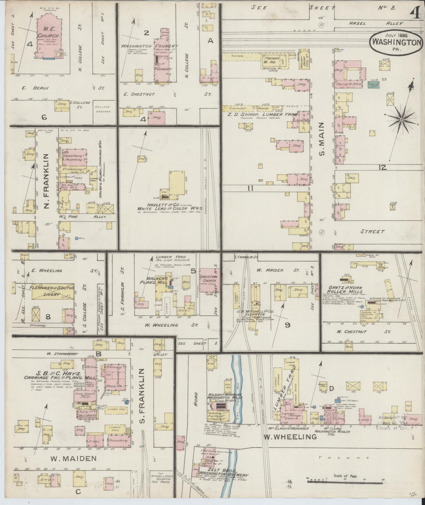 Sanborn Fire Insurance Map from Washington, Washington County, Pennsylvania (1886), Sheet #0004 - Historic Sanborn Fire Insurance Map Print, vintage old map wall art, antique decor, genealogy gift, Sanborn Fire Insurance Map from Washington Washington map