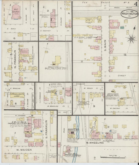 Sanborn Fire Insurance Map from Washington, Washington County, Pennsylvania (1886), Sheet #0004 - Historic Sanborn Fire Insurance Map Print, vintage old map wall art, antique decor, genealogy gift, Sanborn Fire Insurance Map from Washington Washington map
