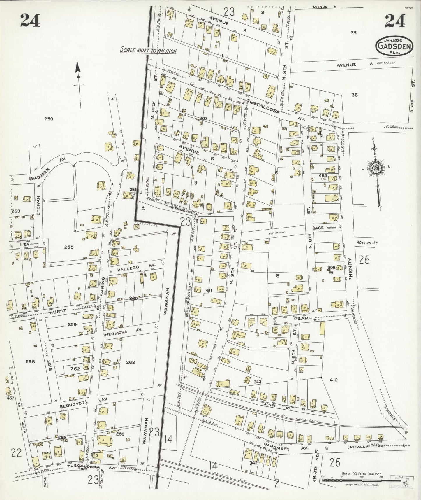 Sanborn Fire Insurance Map from Gadsden, Etowah County, Alabama (1926), Sheet #0024 - Complete Map Set gallery image, historic Sanborn map, vintage wall art, Alabama Alabama