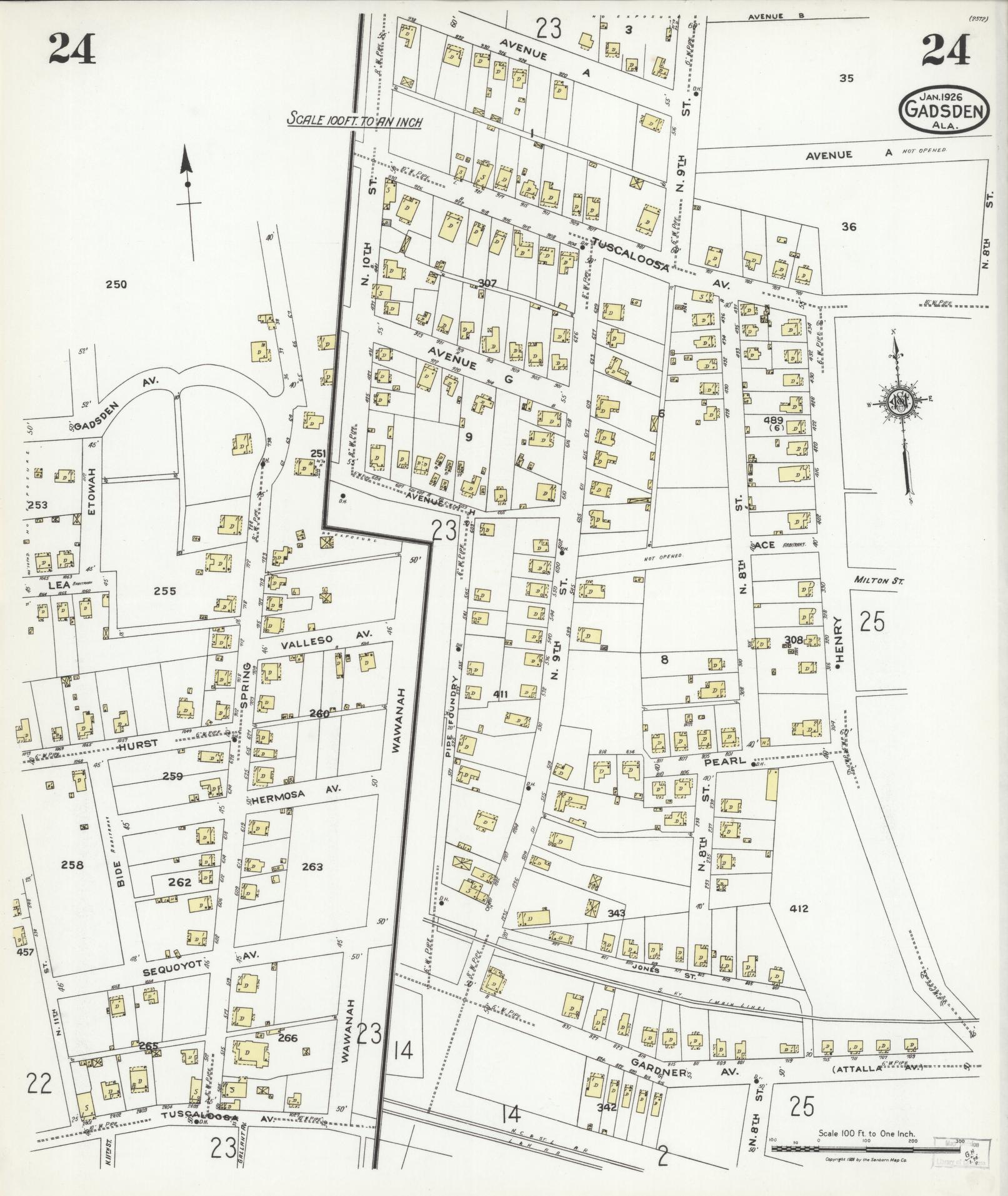 Sanborn Fire Insurance Map from Gadsden, Etowah County, Alabama (1926), Sheet #0024 - Complete Map Set gallery image, historic Sanborn map, vintage wall art, Alabama Alabama