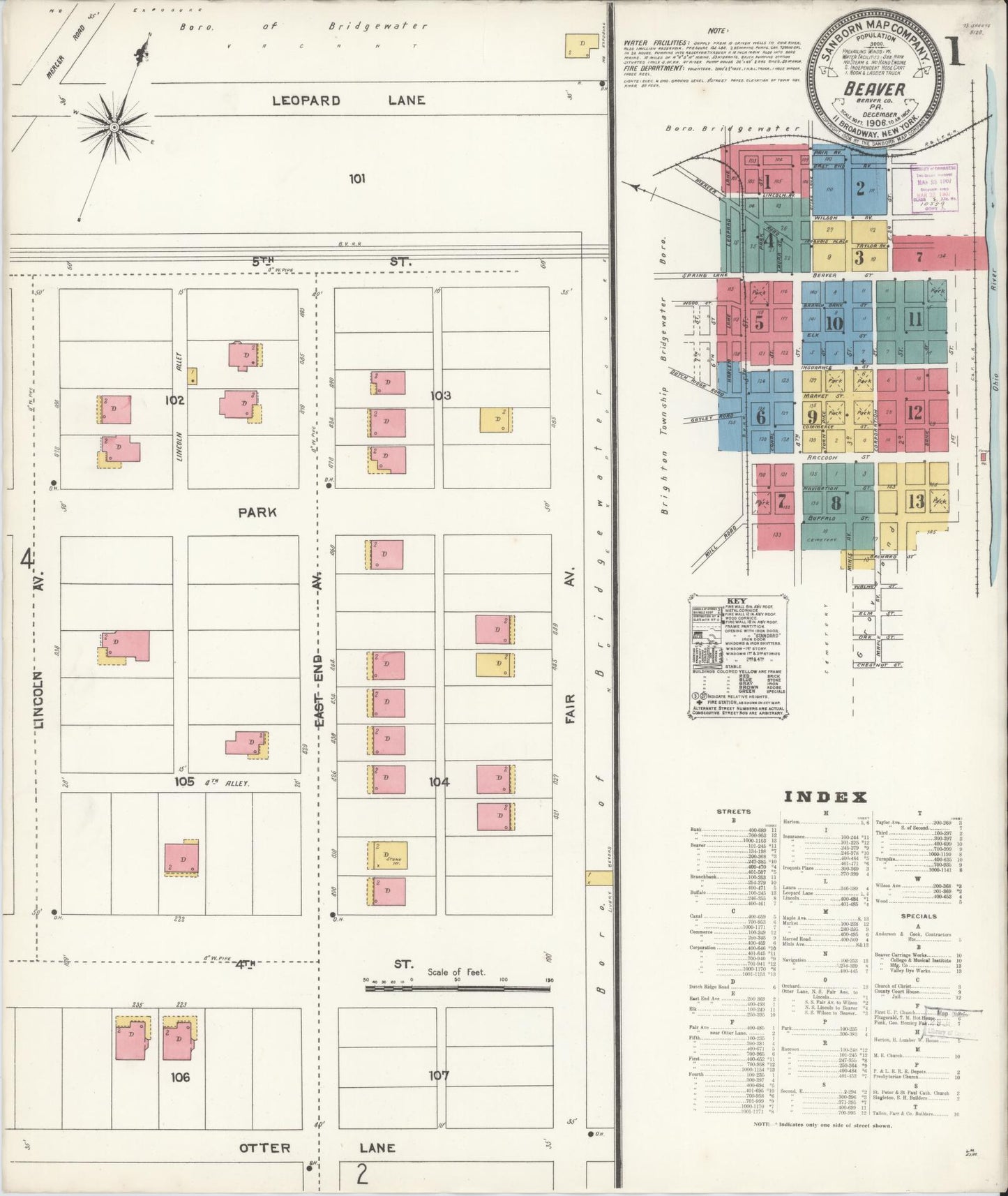 Sanborn Fire Insurance Map from Beaver, Beaver County, Pennsylvania (1906), Sheet #0001 - Historic Sanborn Fire Insurance Map Print, vintage old map wall art, antique decor, genealogy gift, Pennsylvania Pennsylvania map
