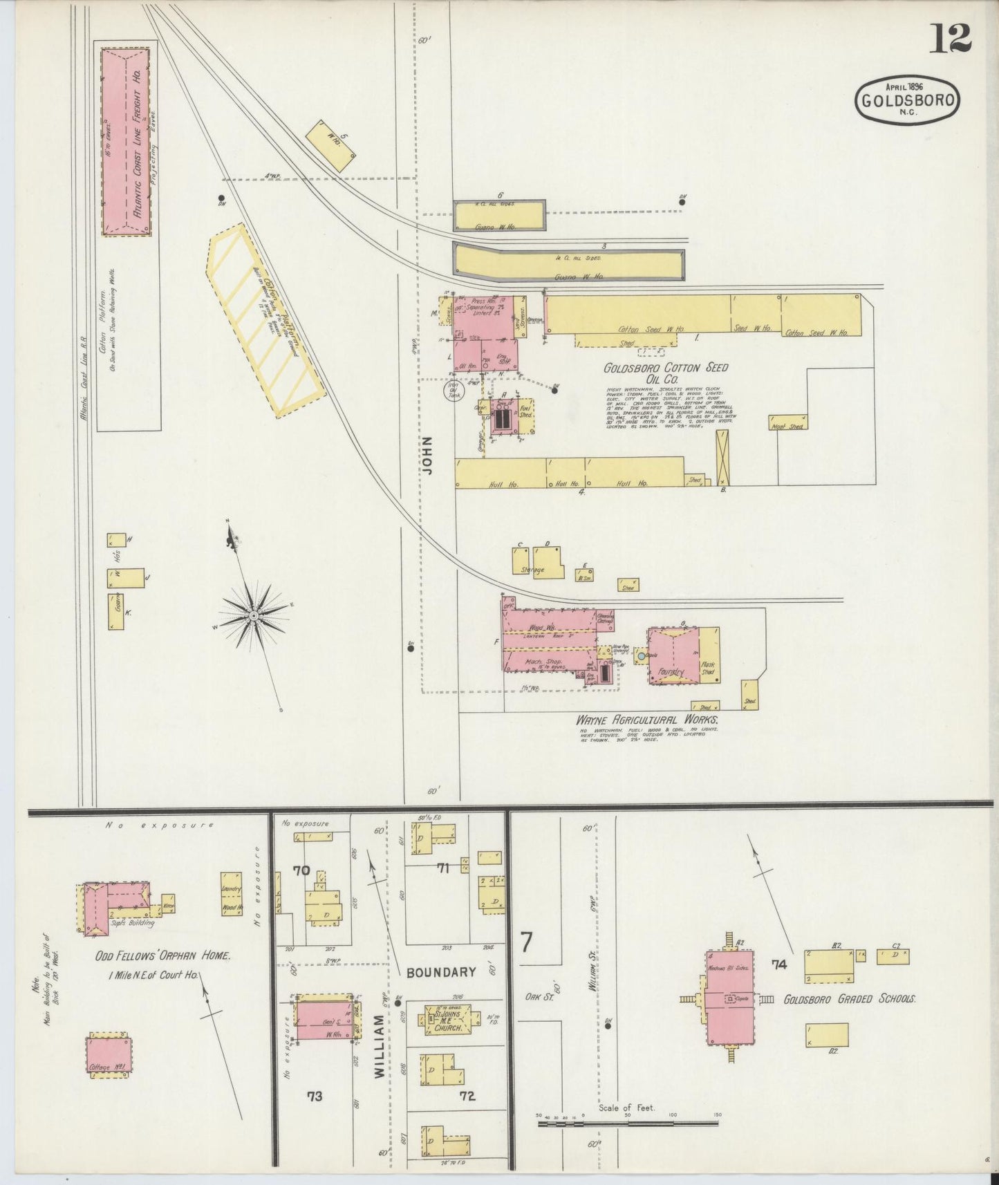 Sanborn Fire Insurance Map from Goldsboro, Wayne County, North Carolina (1896), Sheet #0012 - Historic Sanborn Fire Insurance Map Print, vintage old map wall art, antique decor, genealogy gift, North Carolina North Carolina map