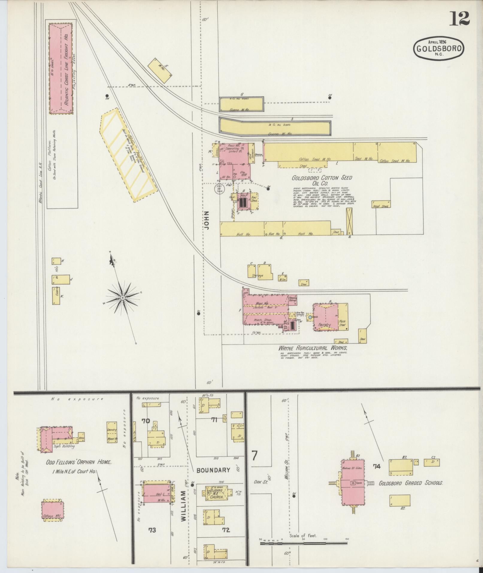 Sanborn Fire Insurance Map from Goldsboro, Wayne County, North Carolina (1896), Sheet #0012 - Historic Sanborn Fire Insurance Map Print, vintage old map wall art, antique decor, genealogy gift, North Carolina North Carolina map