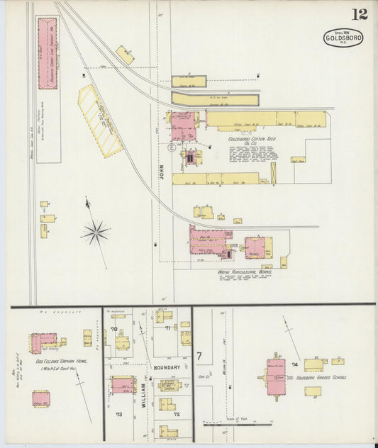 Sanborn Fire Insurance Map from Goldsboro, Wayne County, North Carolina (1896), Sheet #0012 - Historic Sanborn Fire Insurance Map Print, vintage old map wall art, antique decor, genealogy gift, North Carolina North Carolina map