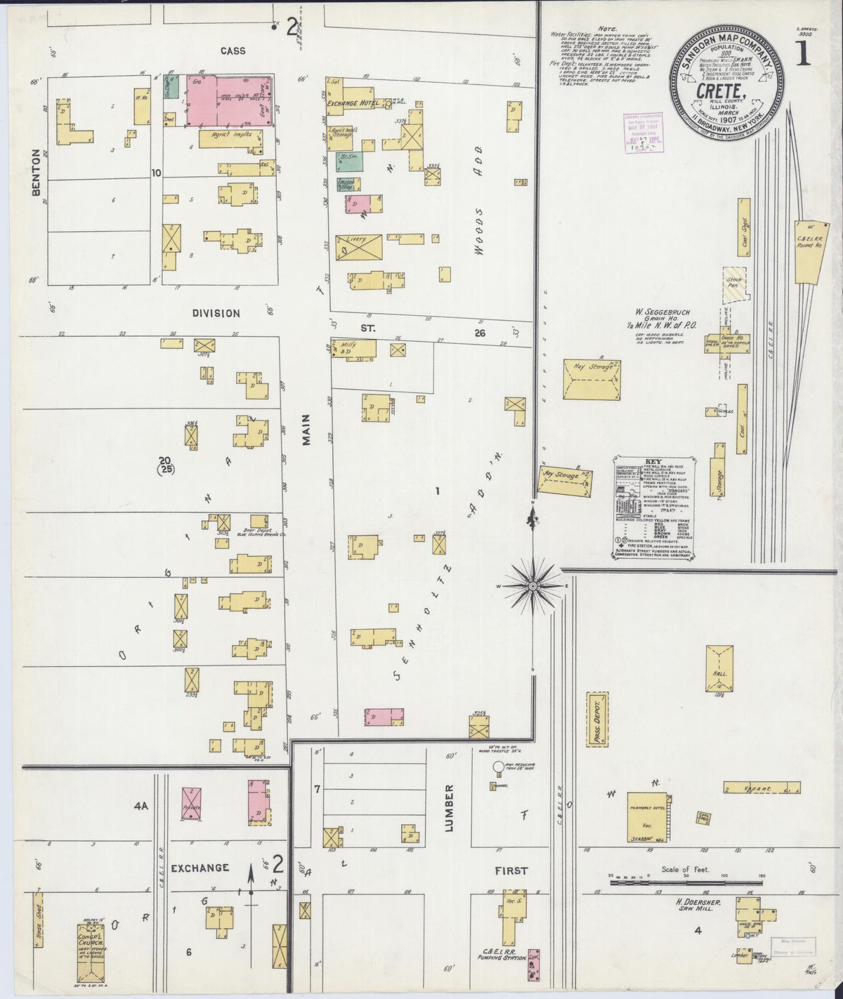 Sanborn Fire Insurance Map from Crete, Will County, Illinois (1907), Sheet #0001 - Complete Map Set gallery image, historic Sanborn map, vintage wall art, Illinois Illinois