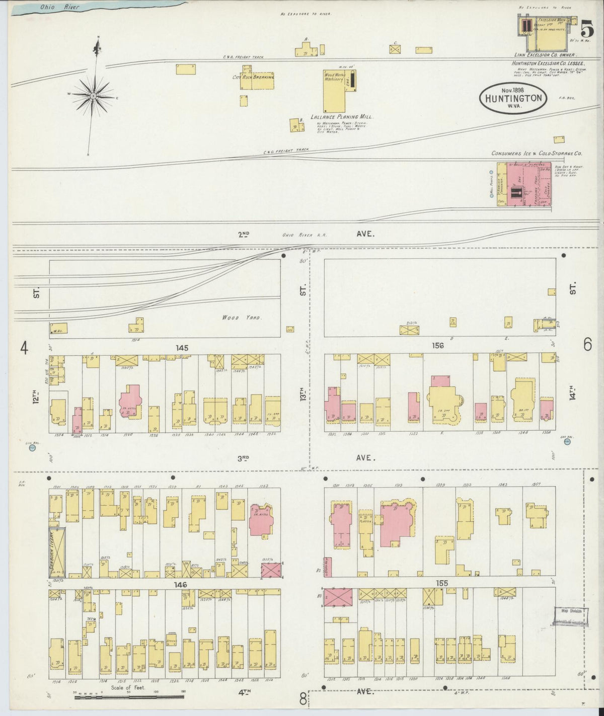 Sanborn Fire Insurance Map from Huntington, Cabell County, West Virginia (1898), Sheet #0005 - Historic Sanborn Fire Insurance Map Print, vintage old map wall art, antique decor, genealogy gift, West Virginia West Virginia map