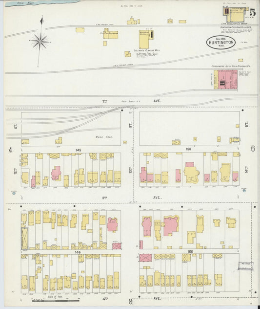 Sanborn Fire Insurance Map from Huntington, Cabell County, West Virginia (1898), Sheet #0005 - Historic Sanborn Fire Insurance Map Print, vintage old map wall art, antique decor, genealogy gift, West Virginia West Virginia map