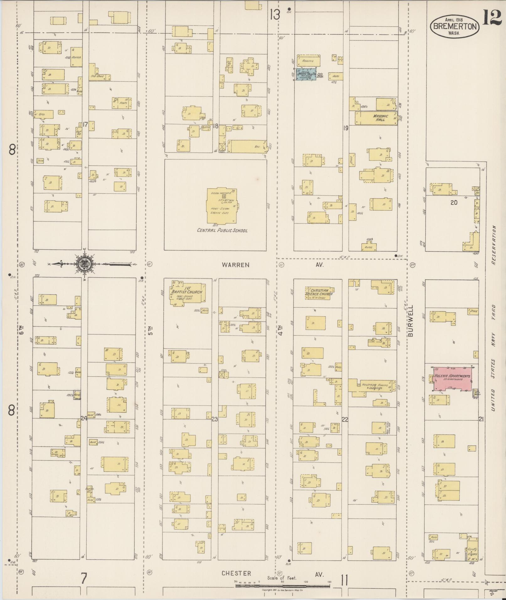 Sanborn Fire Insurance Map from Bremerton, Kitsap County, Washington (1918), Sheet #0012 - Complete Map Set gallery image, historic Sanborn map, vintage wall art, Washington Washington