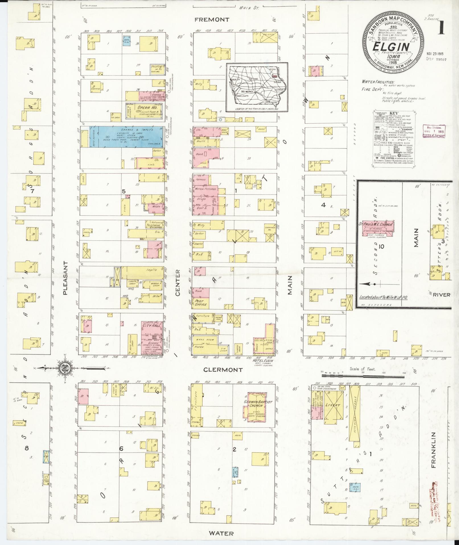 Sanborn Fire Insurance Map from Elgin, Fayette County, Iowa (1915), Sheet #0001 - Historic Sanborn Fire Insurance Map Print, vintage old map wall art