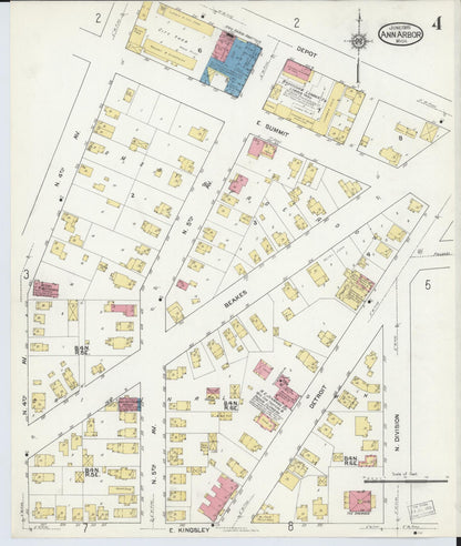 Sanborn Fire Insurance Map from Ann Arbor, Washtenaw County, Michigan (1916), Sheet #0004 - Historic Sanborn Fire Insurance Map Print, vintage old map wall art, antique decor, genealogy gift, Michigan Michigan map