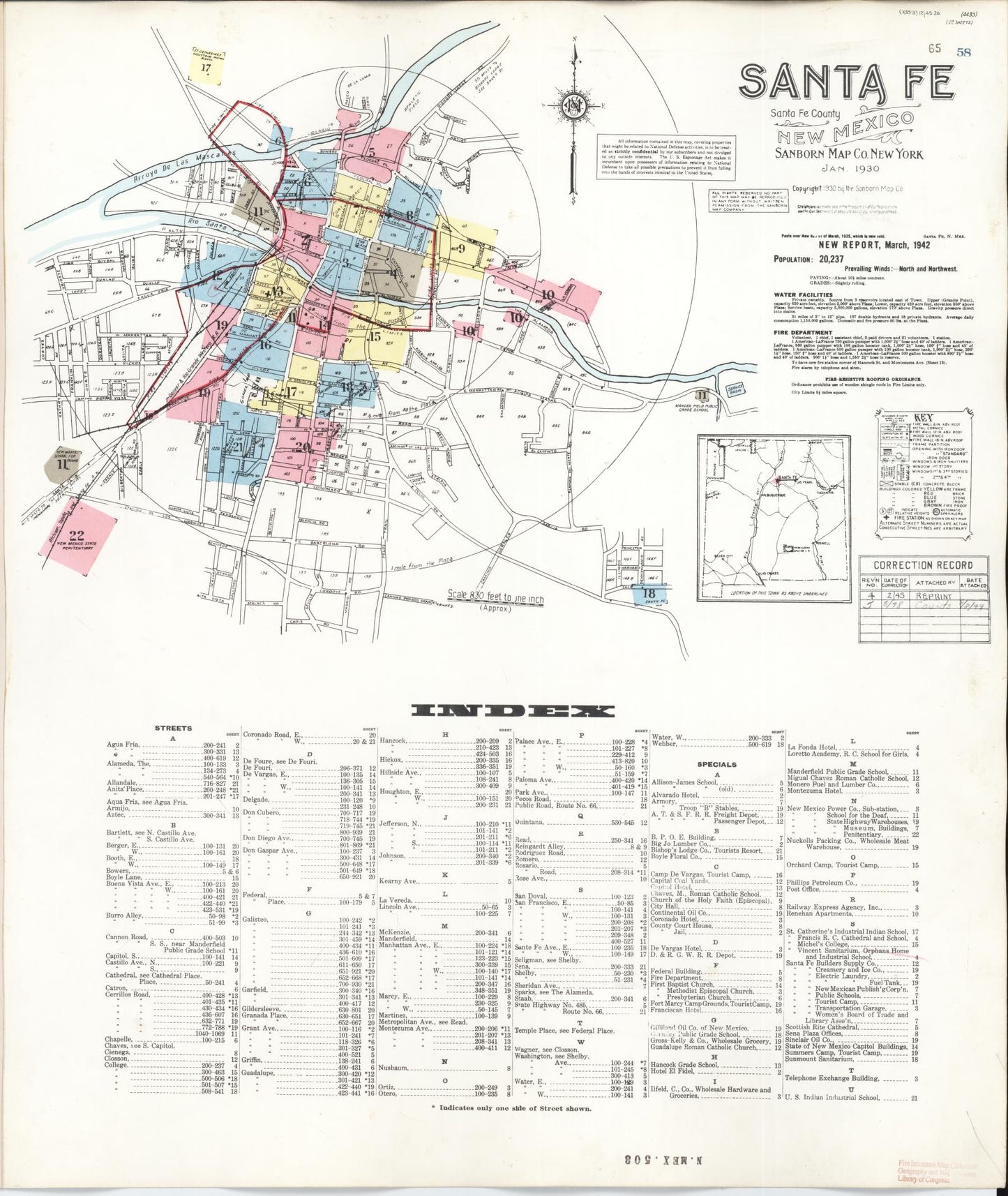 Sanborn Fire Insurance Map from Santa Fe, Santa Fe County, New Mexico (1948), Sheet #0001 - Historic Sanborn Fire Insurance Map Print, vintage old map wall art, antique decor, genealogy gift, New Mexico New Mexico map