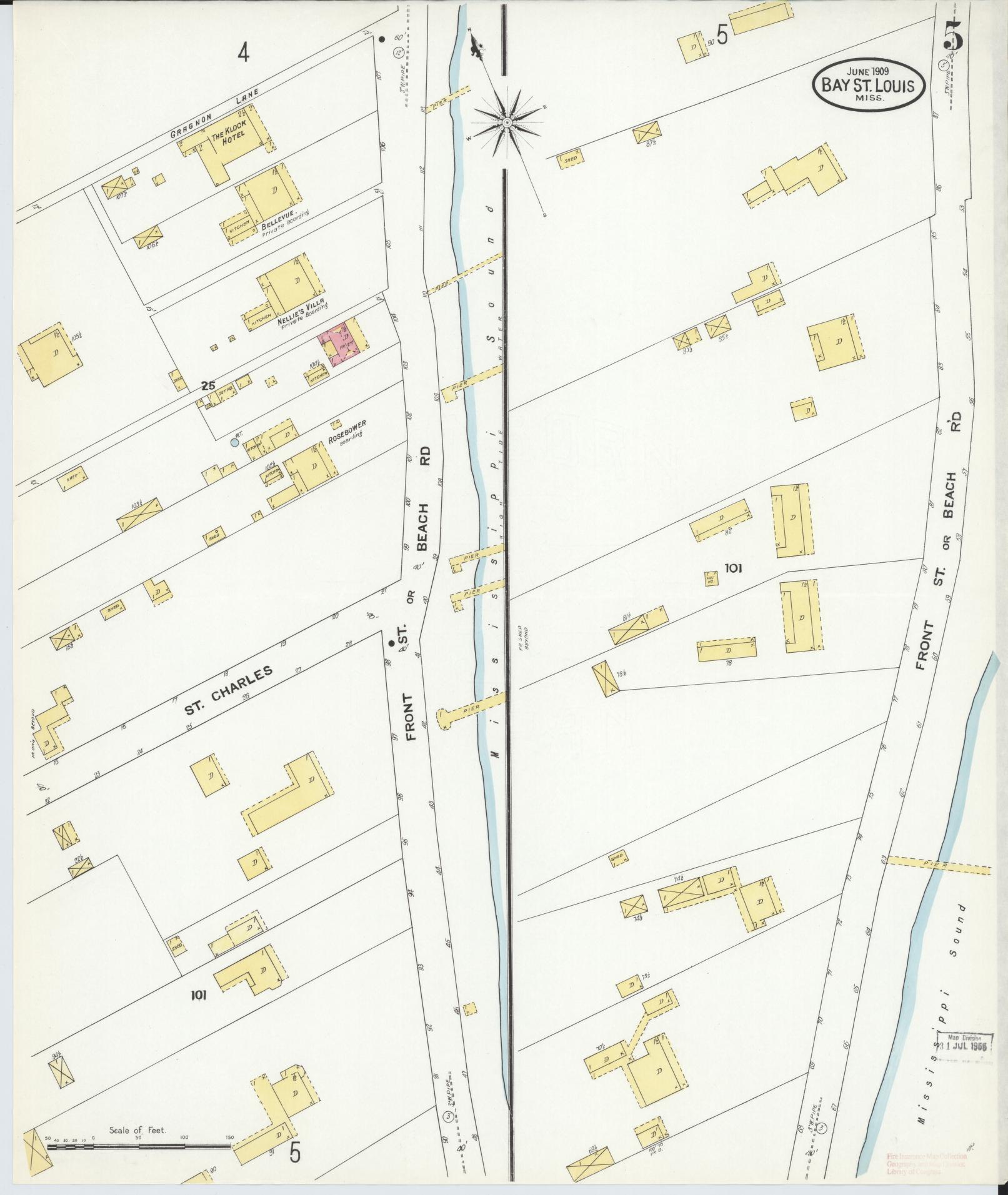 Sanborn Fire Insurance Map from Bay Saint Louis, Hancock County, Mississippi (1909), Sheet #0005 - Complete Map Set gallery image, historic Sanborn map, vintage wall art, Mississippi Mississippi