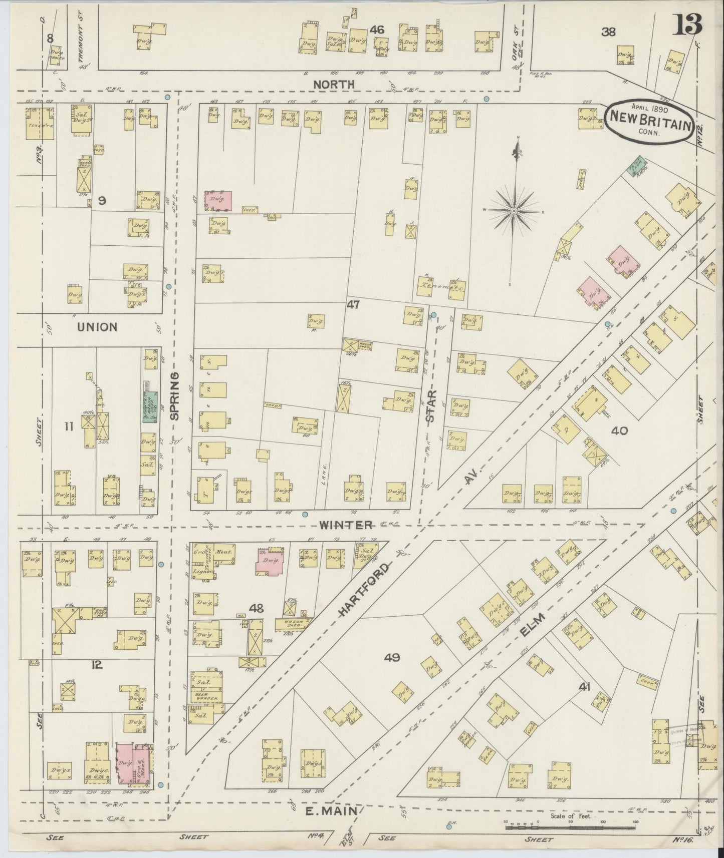Sanborn Fire Insurance Map from New Britain, Hartford County, Connecticut (1890), Sheet #0013 - Historic Sanborn Fire Insurance Map Print, vintage old map wall art, antique decor, genealogy gift, Connecticut Connecticut map