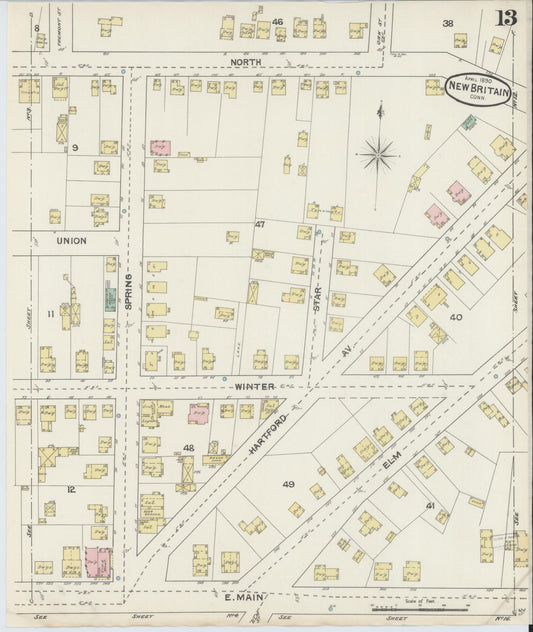 Sanborn Fire Insurance Map from New Britain, Hartford County, Connecticut (1890), Sheet #0013 - Historic Sanborn Fire Insurance Map Print, vintage old map wall art, antique decor, genealogy gift, Connecticut Connecticut map